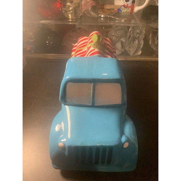 World Market Ceramic Blue Pick-Up Truck Cookie Jar w/Candy Cane Logs - Picture 2 of 10